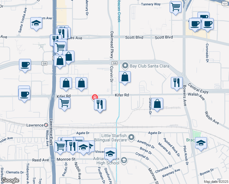 map of restaurants, bars, coffee shops, grocery stores, and more near 3311 Kifer Road in Santa Clara