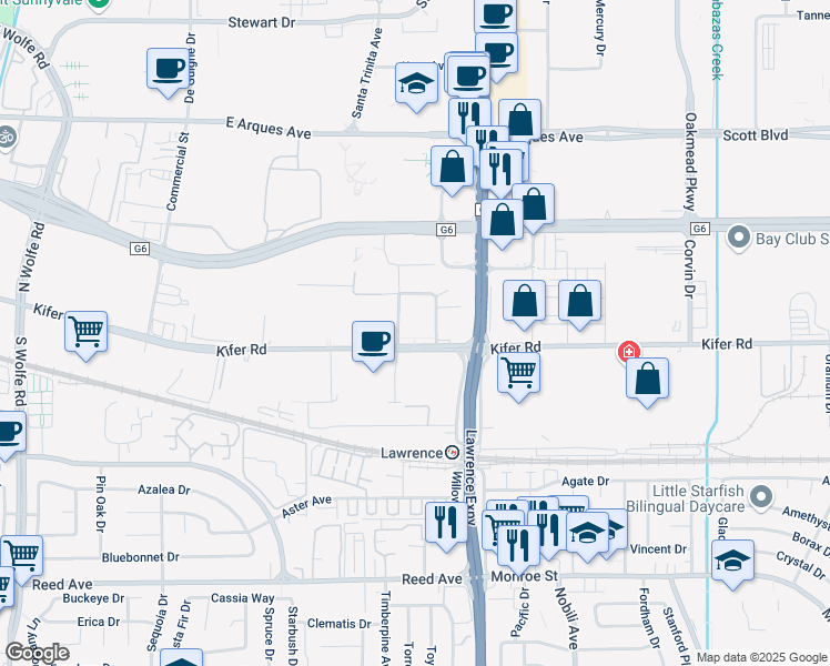 map of restaurants, bars, coffee shops, grocery stores, and more near 3875 Kifer Road in Santa Clara