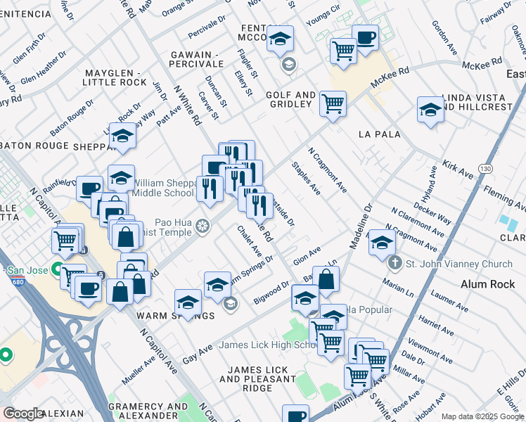 map of restaurants, bars, coffee shops, grocery stores, and more near 3105 White Terrace in San Jose