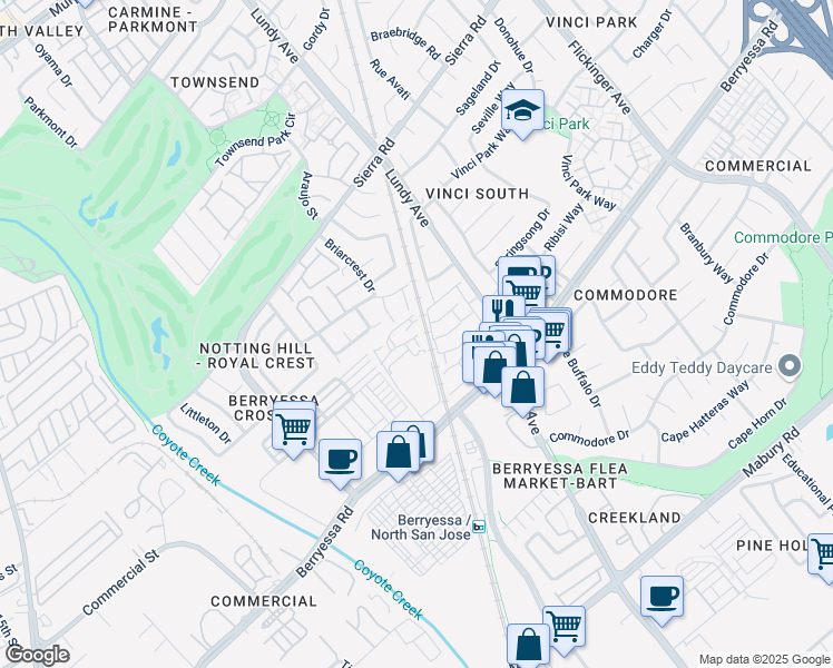 map of restaurants, bars, coffee shops, grocery stores, and more near 1700 Holin Street in San Jose