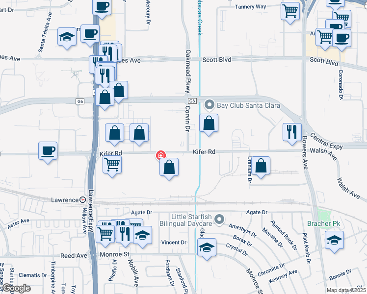 map of restaurants, bars, coffee shops, grocery stores, and more near 1312 Kifer Road in Sunnyvale