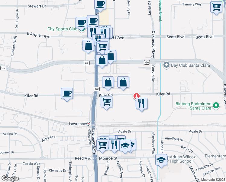 map of restaurants, bars, coffee shops, grocery stores, and more near 2960 Sanor Place in Santa Clara