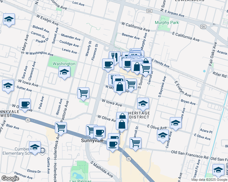 map of restaurants, bars, coffee shops, grocery stores, and more near 300 West McKinley Avenue in Sunnyvale