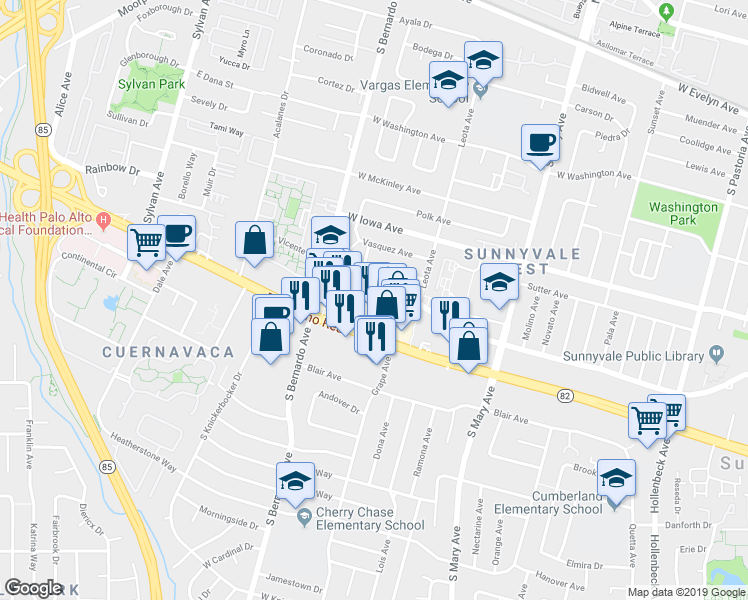 map of restaurants, bars, coffee shops, grocery stores, and more near 1111 El Camino Real in Sunnyvale