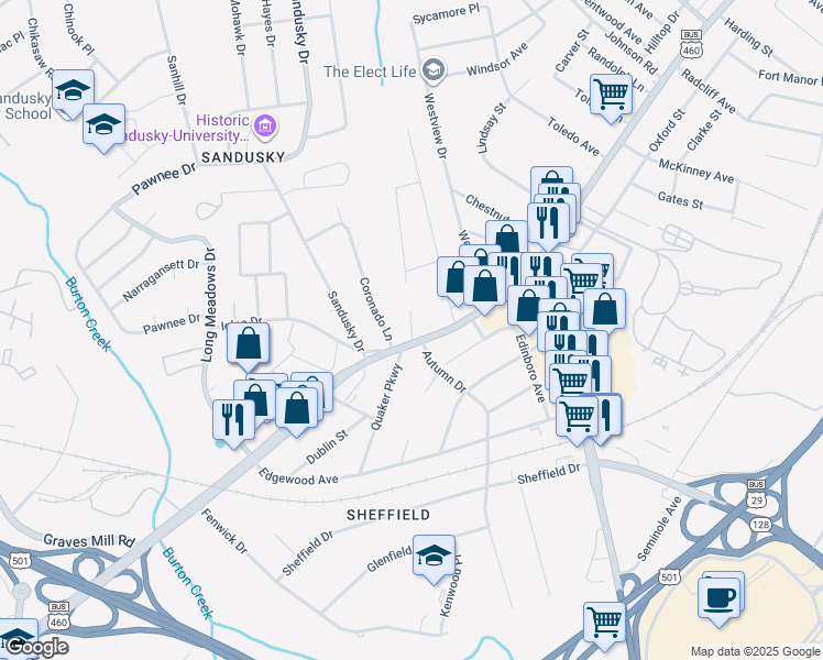 map of restaurants, bars, coffee shops, grocery stores, and more near 5705 Fort Avenue in Lynchburg