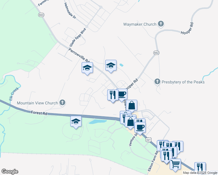 map of restaurants, bars, coffee shops, grocery stores, and more near 1360 Perrowville Road in Forest