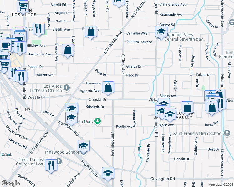 map of restaurants, bars, coffee shops, grocery stores, and more near 532 San Luis Avenue in Los Altos