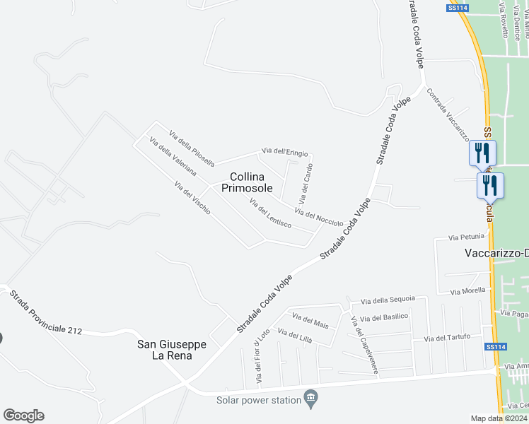 map of restaurants, bars, coffee shops, grocery stores, and more near 24 Via del Lentisco in Collina Primosole