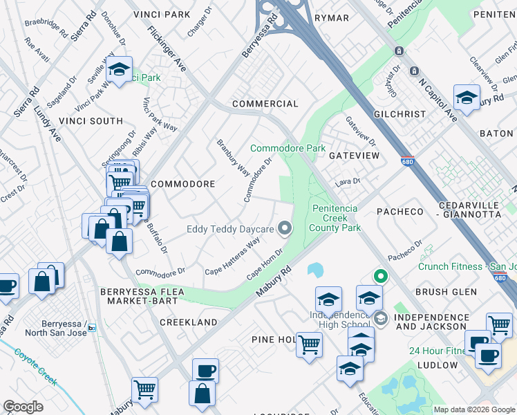 map of restaurants, bars, coffee shops, grocery stores, and more near 1967 Cape Hilda Place in San Jose