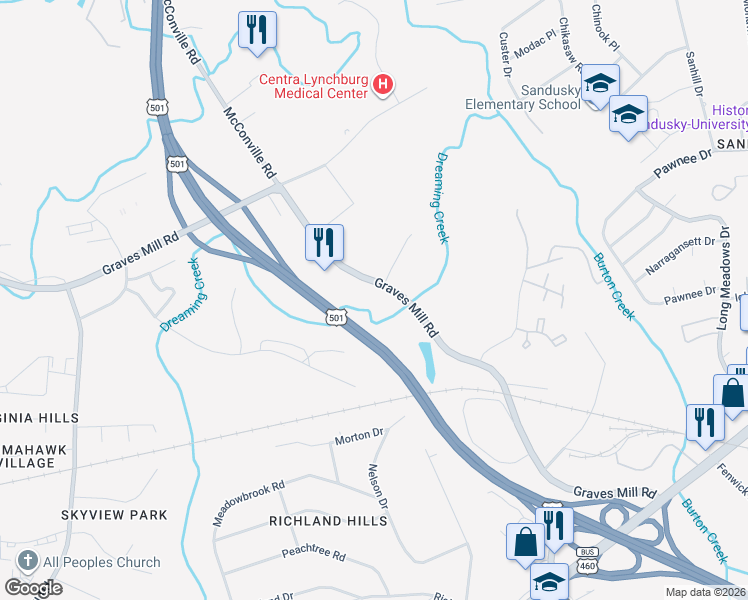 map of restaurants, bars, coffee shops, grocery stores, and more near 601 Graves Mill Road in Lynchburg