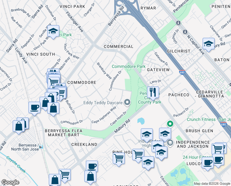 map of restaurants, bars, coffee shops, grocery stores, and more near 1967 Cape Hilda Place in San Jose