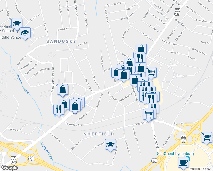 map of restaurants, bars, coffee shops, grocery stores, and more near 5621 Fort Avenue in Lynchburg