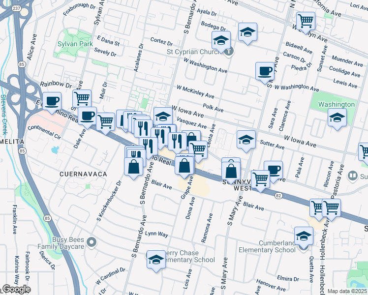 map of restaurants, bars, coffee shops, grocery stores, and more near 1154 West Olive Avenue in Sunnyvale