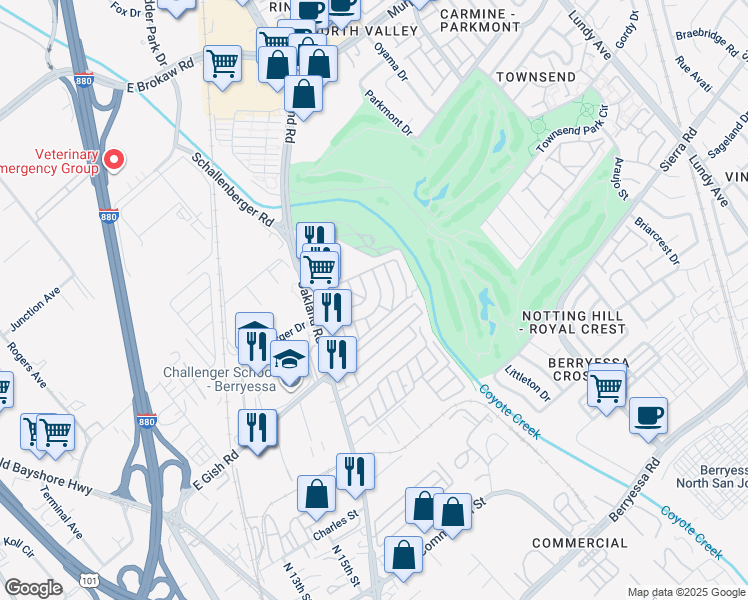 map of restaurants, bars, coffee shops, grocery stores, and more near 900 Golden Wheel Park Drive in San Jose