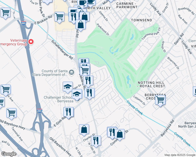 map of restaurants, bars, coffee shops, grocery stores, and more near 900 Golden Wheel Park Drive in San Jose