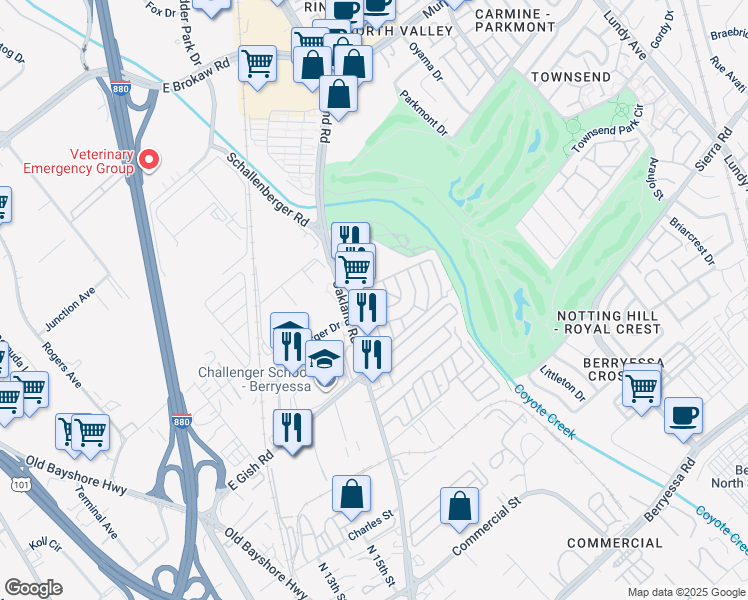 map of restaurants, bars, coffee shops, grocery stores, and more near 900 Golden Wheel Park Drive in San Jose