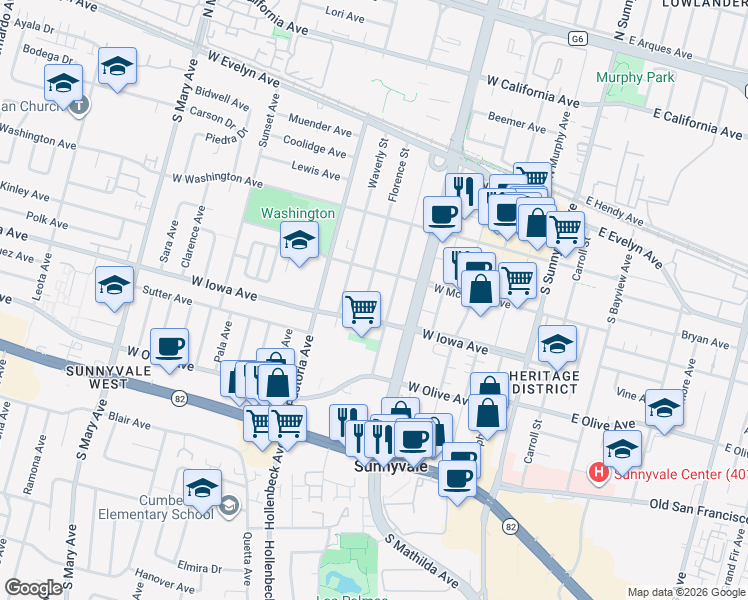 map of restaurants, bars, coffee shops, grocery stores, and more near 517 West Iowa Avenue in Sunnyvale