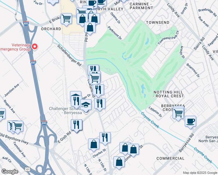 map of restaurants, bars, coffee shops, grocery stores, and more near 900 Golden Wheel Park Drive in San Jose