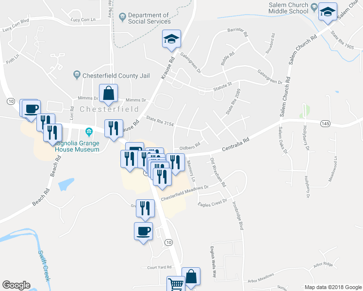 map of restaurants, bars, coffee shops, grocery stores, and more near 6406 Oldbern Road in Chesterfield