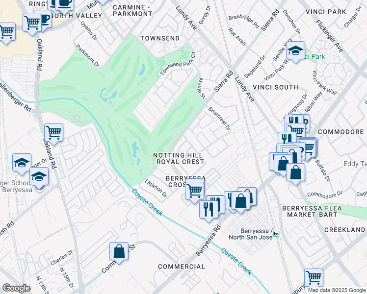 map of restaurants, bars, coffee shops, grocery stores, and more near 1319 Mayberry Lane in San Jose