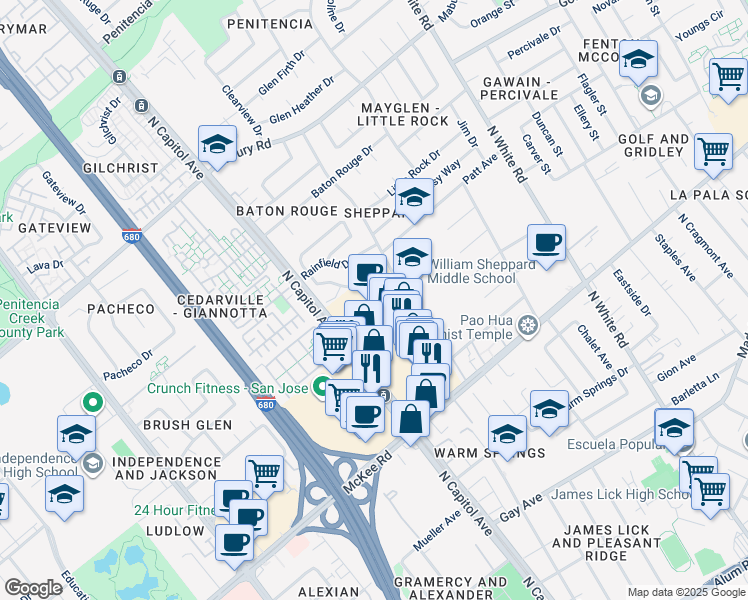 map of restaurants, bars, coffee shops, grocery stores, and more near 450 North Capitol Avenue in San Jose