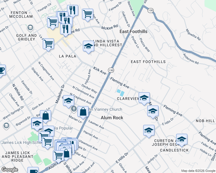 map of restaurants, bars, coffee shops, grocery stores, and more near 88 Donna Adelle Court in San Jose