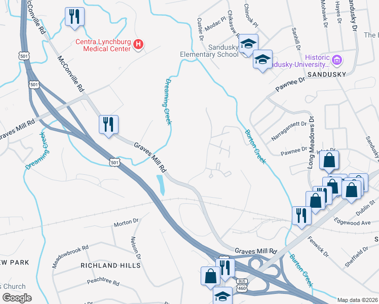 map of restaurants, bars, coffee shops, grocery stores, and more near 6231 Old Mill Road in Lynchburg