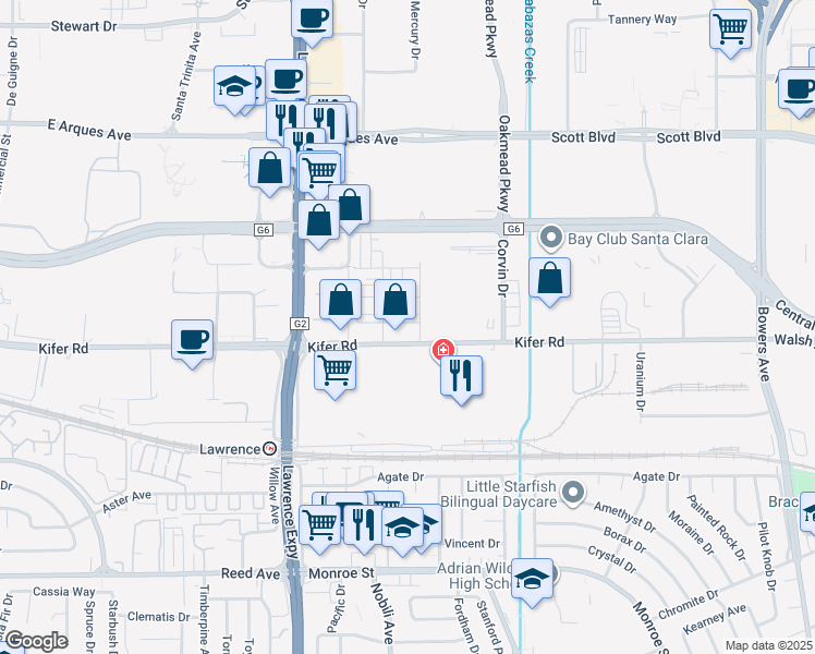 map of restaurants, bars, coffee shops, grocery stores, and more near 2910 Sanor Place in Santa Clara
