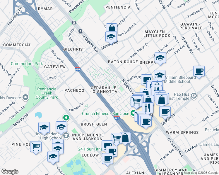 map of restaurants, bars, coffee shops, grocery stores, and more near 2523 Easton Lane in San Jose
