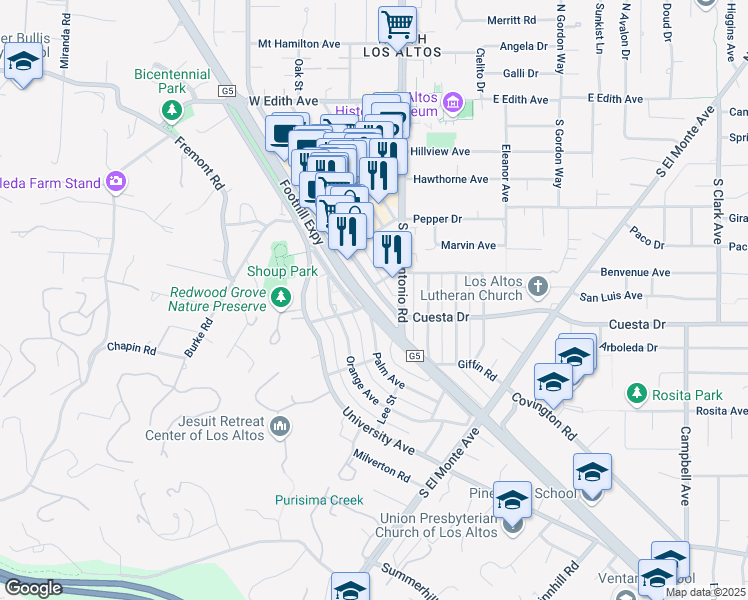 map of restaurants, bars, coffee shops, grocery stores, and more near 2 Los Altos Avenue in Los Altos