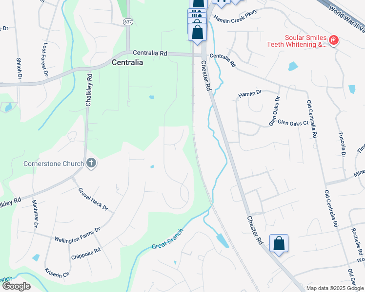 map of restaurants, bars, coffee shops, grocery stores, and more near 4331 Ganymede Drive in Chester