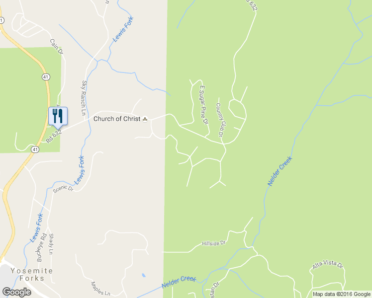 map of restaurants, bars, coffee shops, grocery stores, and more near 42997 East Mountain View Lane in Oakhurst