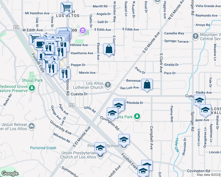 map of restaurants, bars, coffee shops, grocery stores, and more near in Los Altos