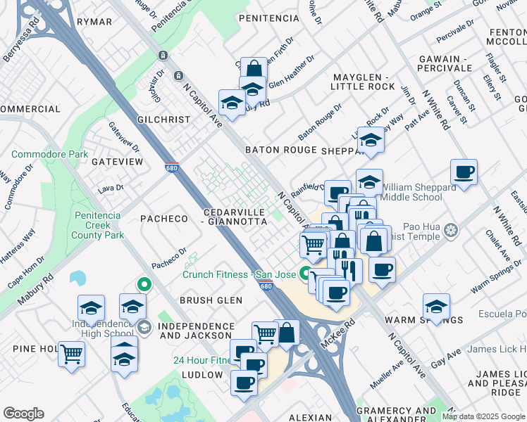 map of restaurants, bars, coffee shops, grocery stores, and more near 2606 Gimelli Way in San Jose