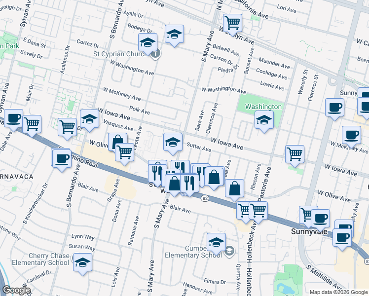 map of restaurants, bars, coffee shops, grocery stores, and more near 440 South Mary Avenue in Sunnyvale