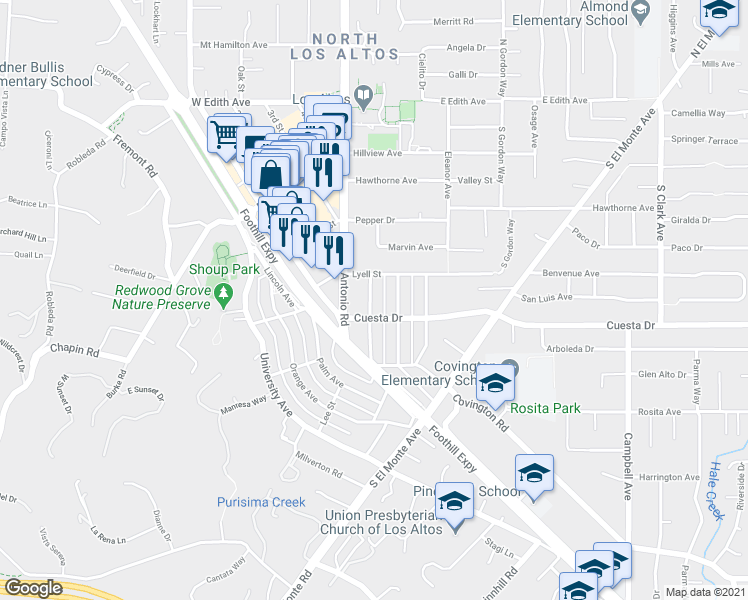 map of restaurants, bars, coffee shops, grocery stores, and more near 43 Cuesta Drive in Los Altos
