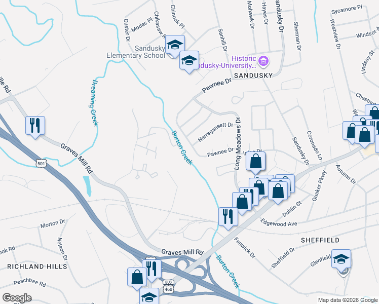 map of restaurants, bars, coffee shops, grocery stores, and more near 6308 Pawnee Drive in Lynchburg