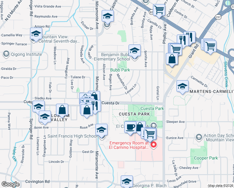 map of restaurants, bars, coffee shops, grocery stores, and more near 772 Cuesta Drive in Mountain View