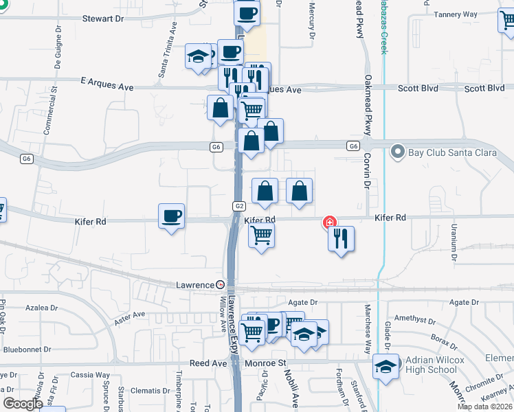 map of restaurants, bars, coffee shops, grocery stores, and more near 3560 Rambla Place in Santa Clara