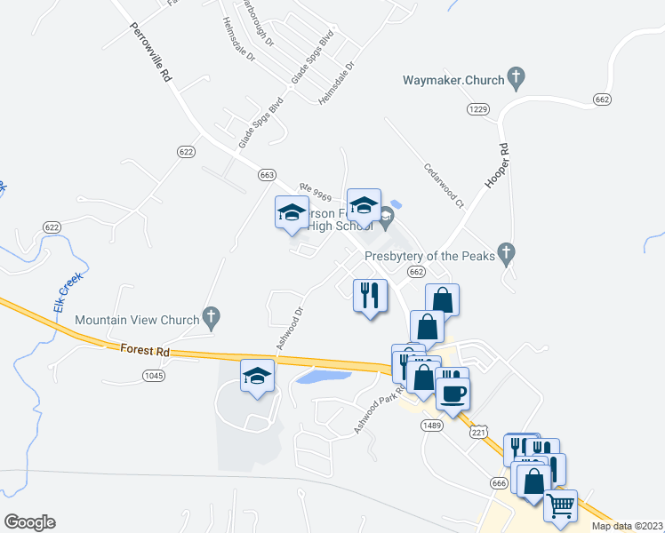 map of restaurants, bars, coffee shops, grocery stores, and more near 1014 Coles Court in Forest