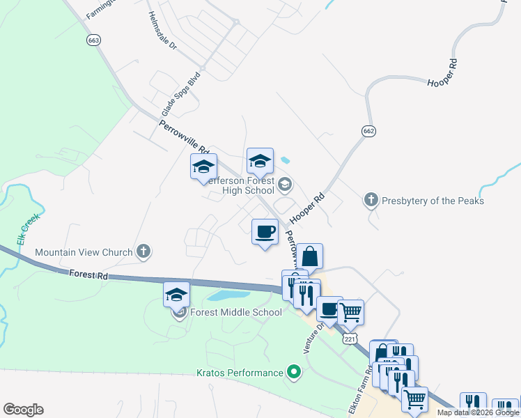 map of restaurants, bars, coffee shops, grocery stores, and more near 1360 Perrowville Road in Forest