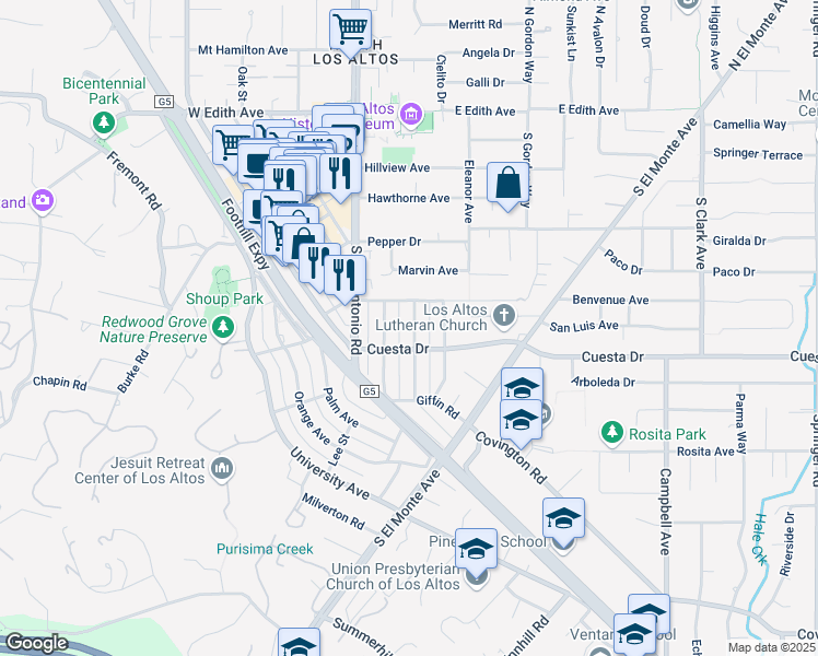 map of restaurants, bars, coffee shops, grocery stores, and more near 460 Lassen Street in Los Altos