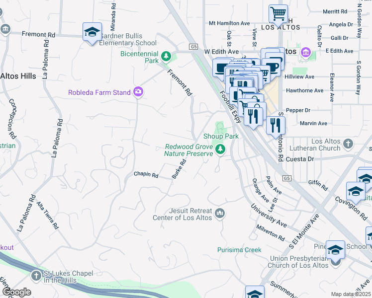 map of restaurants, bars, coffee shops, grocery stores, and more near 25500 Burke Lane in Los Altos Hills