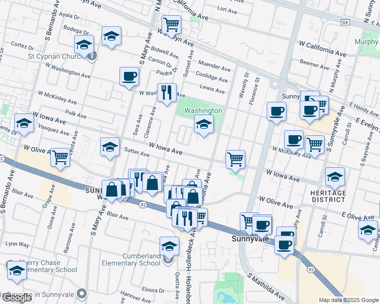map of restaurants, bars, coffee shops, grocery stores, and more near 853 Sutter Avenue in Sunnyvale