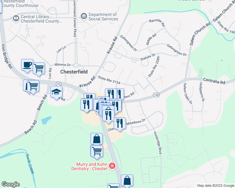 map of restaurants, bars, coffee shops, grocery stores, and more near 9911 Nott Lane in Chesterfield