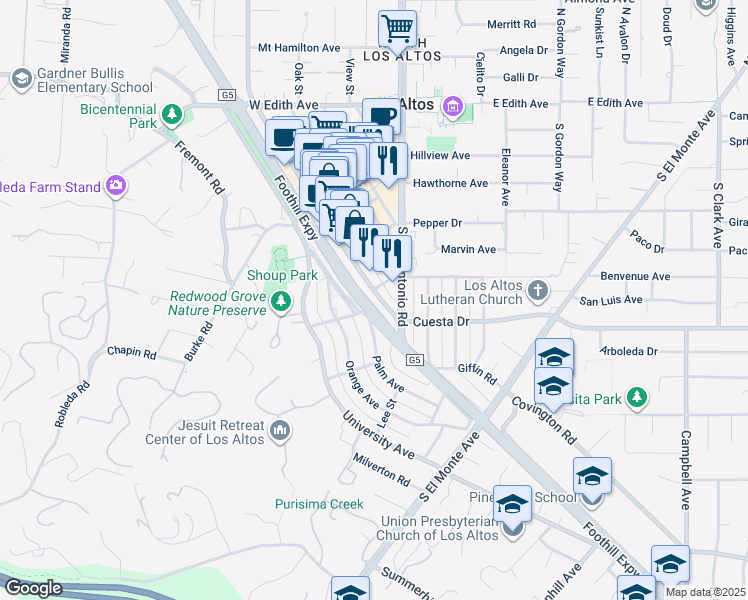 map of restaurants, bars, coffee shops, grocery stores, and more near 450 1st Street in Los Altos