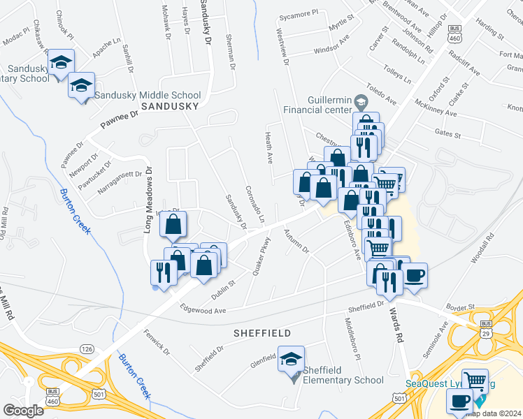 map of restaurants, bars, coffee shops, grocery stores, and more near 1060 Coronado Lane in Lynchburg