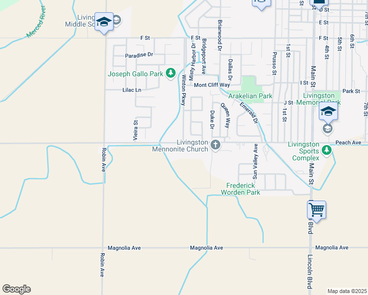 map of restaurants, bars, coffee shops, grocery stores, and more near 13687 Peach Avenue in Livingston