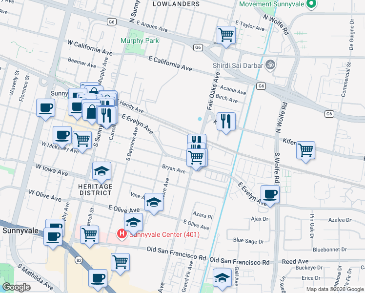 map of restaurants, bars, coffee shops, grocery stores, and more near 550 East Washington Avenue in Sunnyvale