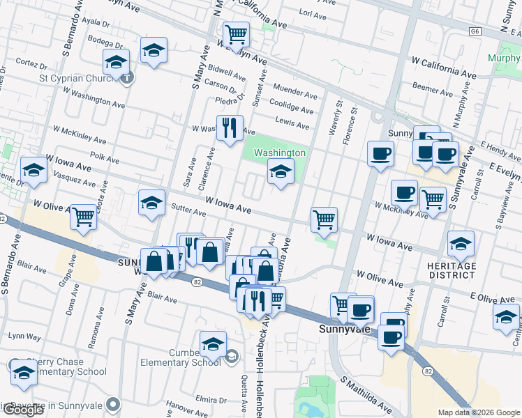 map of restaurants, bars, coffee shops, grocery stores, and more near 853 Sutter Avenue in Sunnyvale